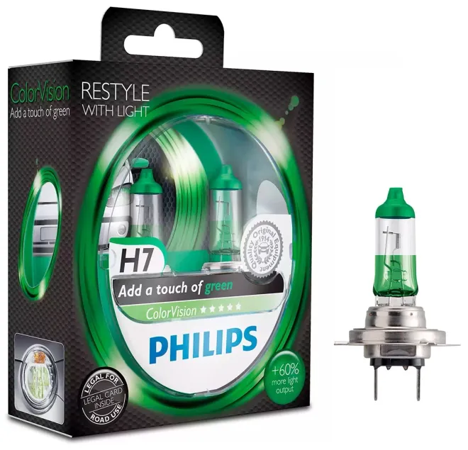 PHILIPS H7 12v55w PX26d Color Vision Green +60% (2шт.) BOX