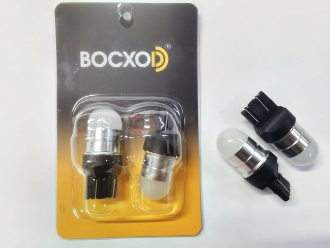 BOCXOD Светодиод (9-32V) T20 (2 конт.) 4 SMD (2835) LENS Матовые (бл. 2шт)