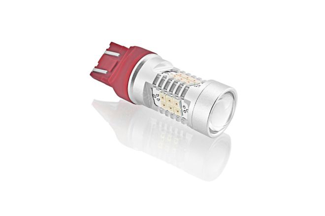 Светодиод T20 (2 конт)  21 SMD (2835) + линза 12-30v (красн.) Canbus (Bi+)